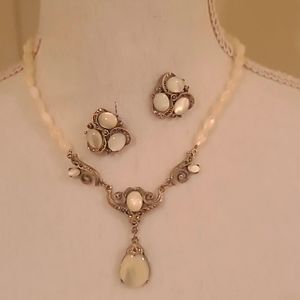 Faux opal and sea pearl necklace & earrings set